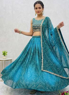 Women's Teal Bandhani Print Georgette Chaniya Choli Set for Wedding & Garba 2