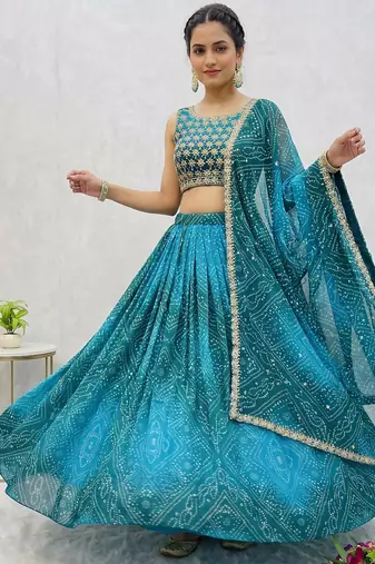 Women's Teal Bandhani Print Georgette Chaniya Choli Set for Wedding & Garba