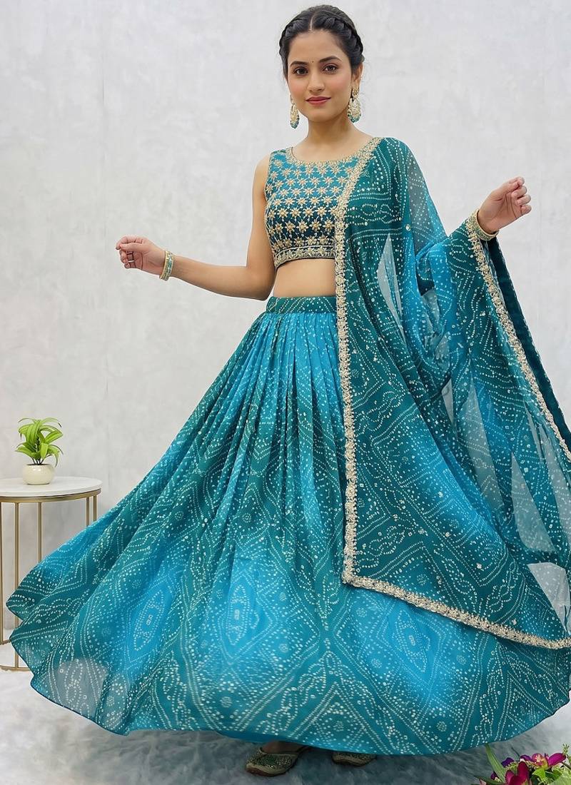 Women's Teal Bandhani Print Georgette Chaniya Choli Set for Wedding & Garba