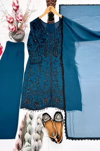 Teal Color Sequance Work Georgette Salwar Suite