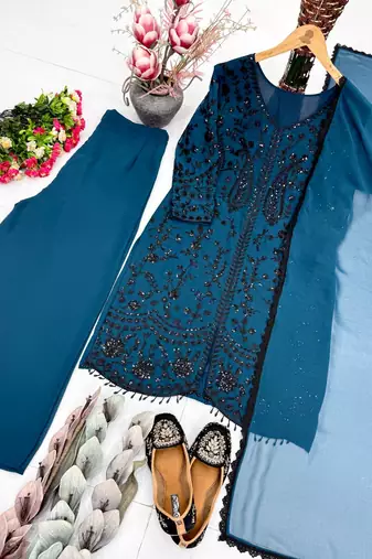 Teal Color Sequance Work Georgette Salwar Suite