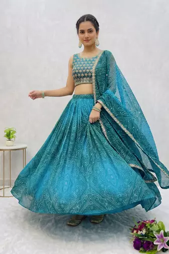Women's Teal Bandhani Print Georgette Chaniya Choli Set for Wedding & Garba