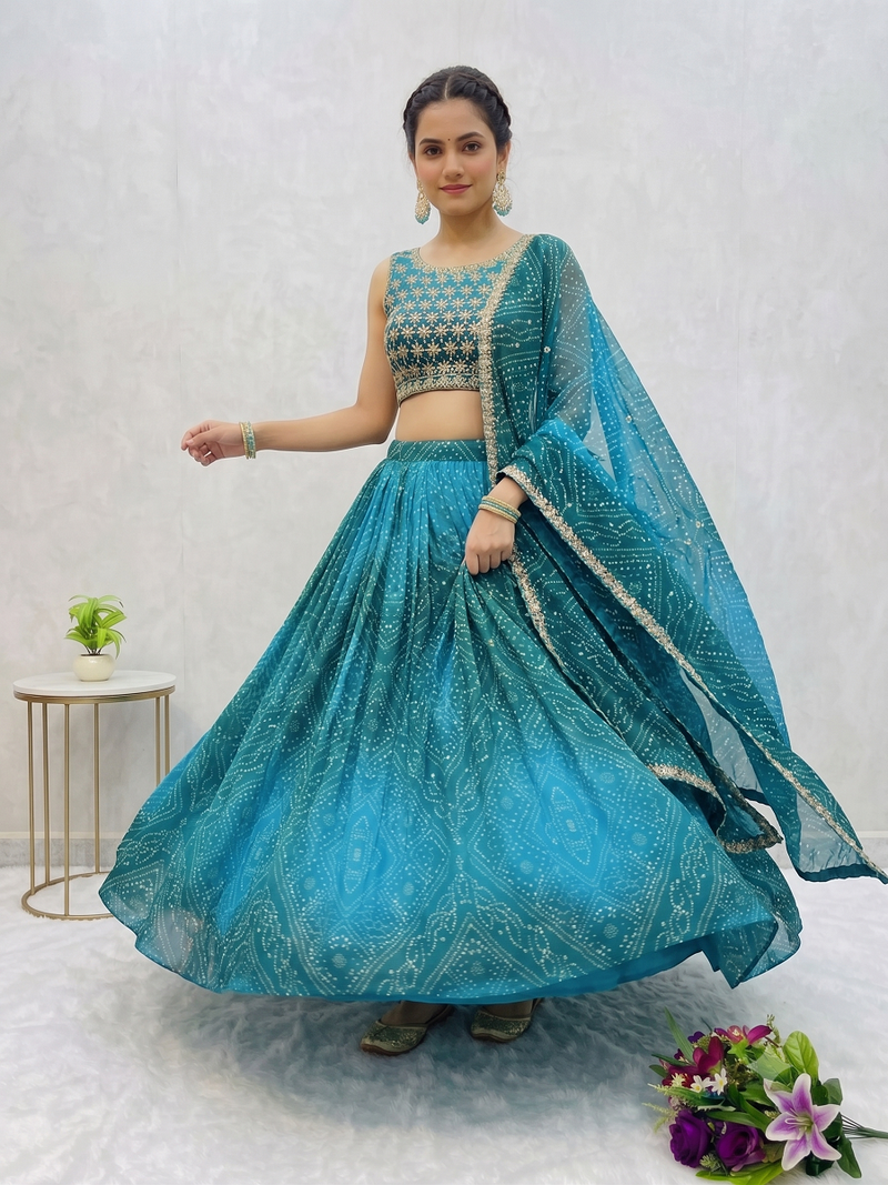 Women's Teal Bandhani Print Georgette Chaniya Choli Set for Wedding & Garba