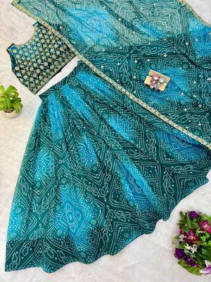 Women's Teal Bandhani Print Georgette Chaniya Choli Set for Wedding & Garba 4