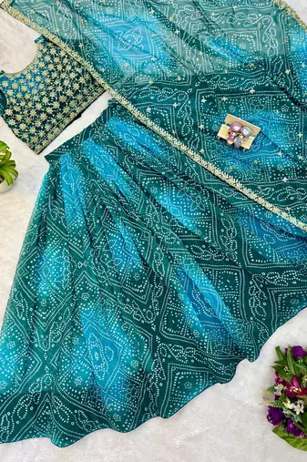 Women's Teal Bandhani Print Georgette Chaniya Choli Set for Wedding & Garba
