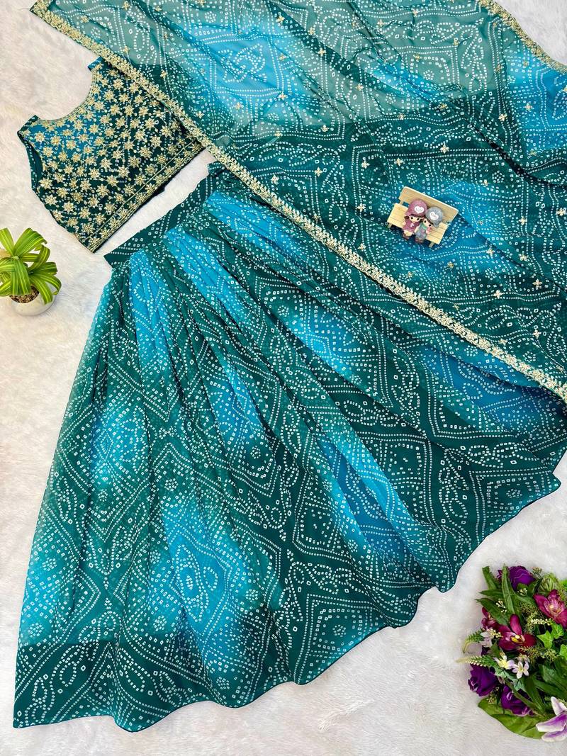 Women's Teal Bandhani Print Georgette Chaniya Choli Set for Wedding & Garba