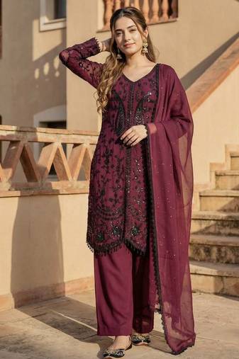 Wine Color Sequance Work Georgette Salwar Suite