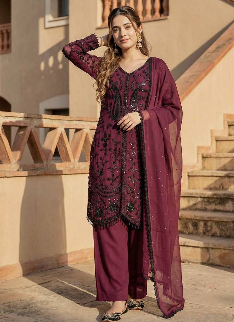 Wine Color Sequance Work Georgette Salwar Suite