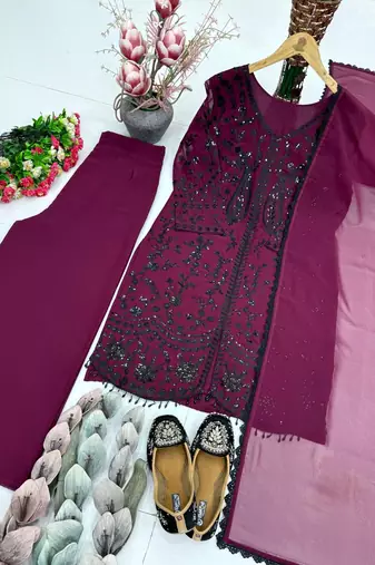 Wine Color Sequance Work Georgette Salwar Suite