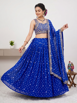 Women's Blue Bandhani Print Georgette Chaniya Choli Set for Wedding & Garba 1