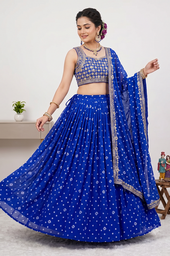 Women's Blue Bandhani Print Georgette Chaniya Choli Set for Wedding & Garba