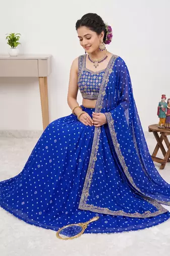 Women's Blue Bandhani Print Georgette Chaniya Choli Set for Wedding & Garba