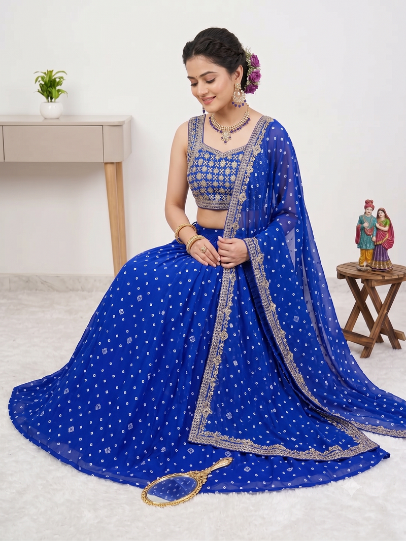 Women's Blue Bandhani Print Georgette Chaniya Choli Set for Wedding & Garba