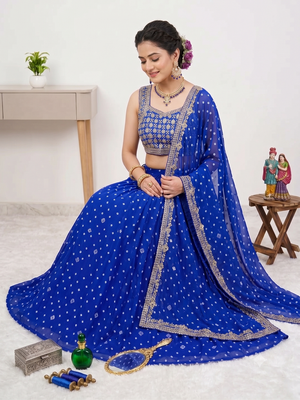 Women's Blue Bandhani Print Georgette Chaniya Choli Set for Wedding & Garba 3