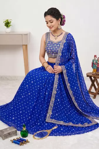 Women's Blue Bandhani Print Georgette Chaniya Choli Set for Wedding & Garba