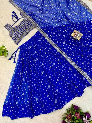 Women's Blue Bandhani Print Georgette Chaniya Choli Set for Wedding & Garba 4
