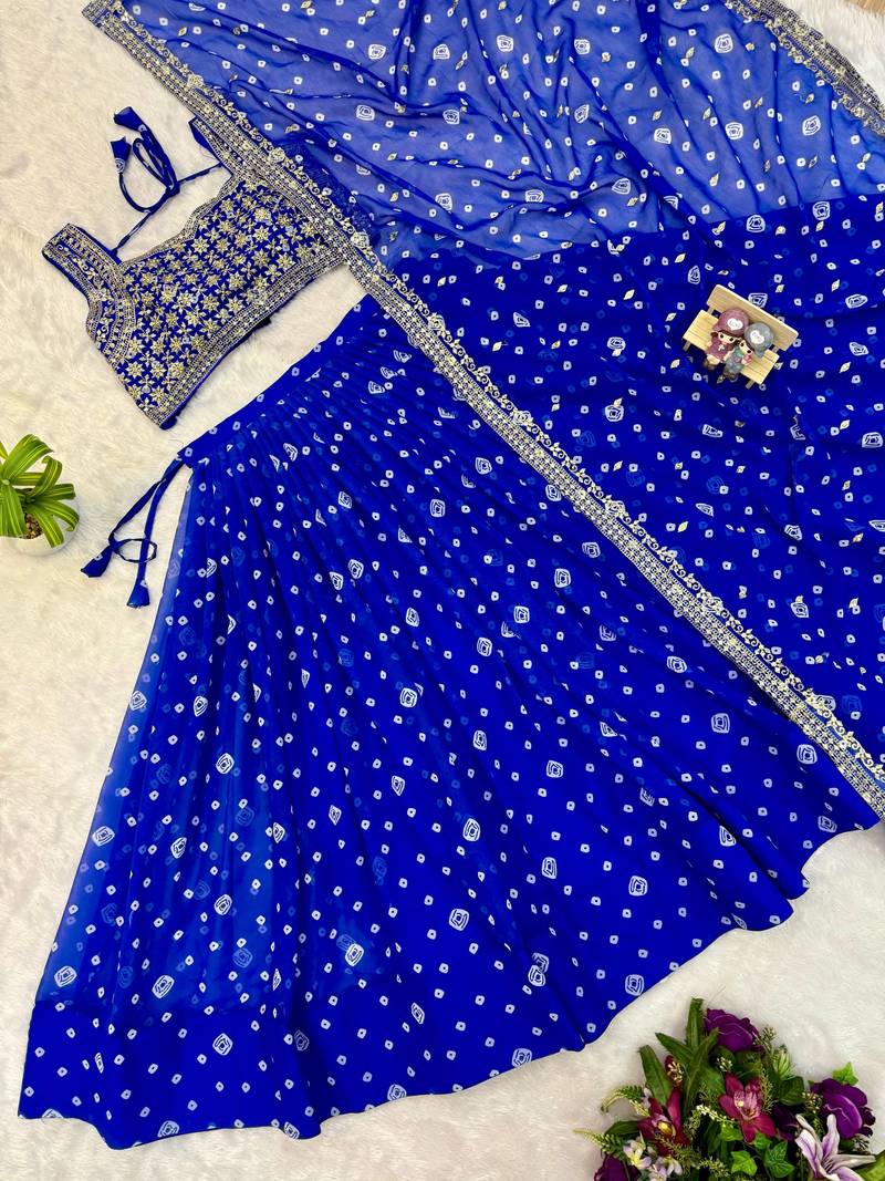 Women's Blue Bandhani Print Georgette Chaniya Choli Set for Wedding & Garba