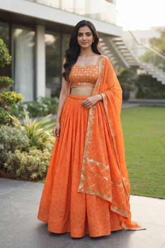 Women's Orange Bandhani Print Georgette Chaniya Choli Set for Wedding & Garba