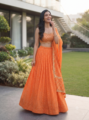 Women's Orange Bandhani Print Georgette Chaniya Choli Set for Wedding & Garba 3