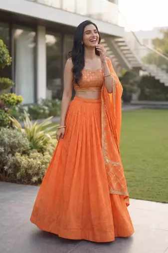 Women's Orange Bandhani Print Georgette Chaniya Choli Set for Wedding & Garba