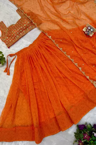 Women's Orange Bandhani Print Georgette Chaniya Choli Set for Wedding & Garba