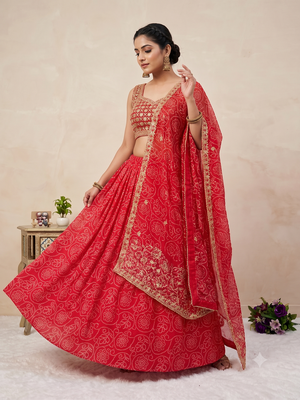 Women's Red Bandhani Print Georgette Chaniya Choli Set for Wedding & Garba 1