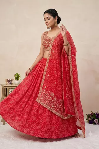 Women's Red Bandhani Print Georgette Chaniya Choli Set for Wedding & Garba
