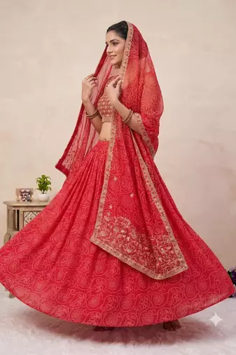 Women's Red Bandhani Print Georgette Chaniya Choli Set for Wedding & Garba