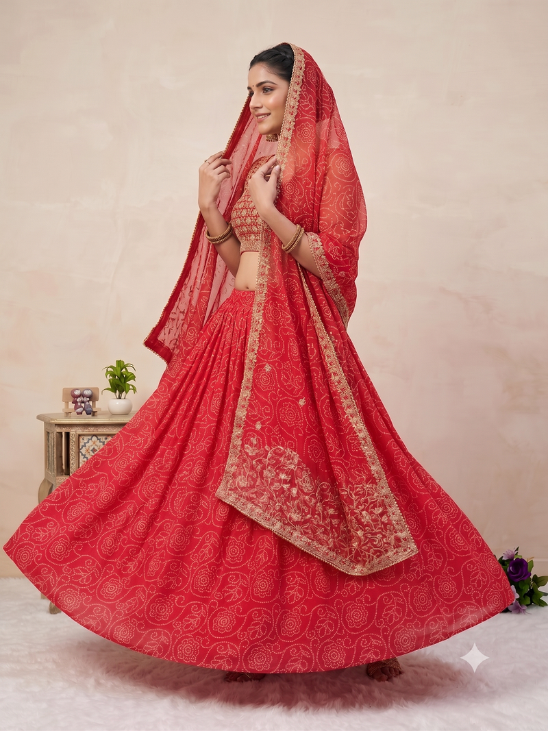 Women's Red Bandhani Print Georgette Chaniya Choli Set for Wedding & Garba