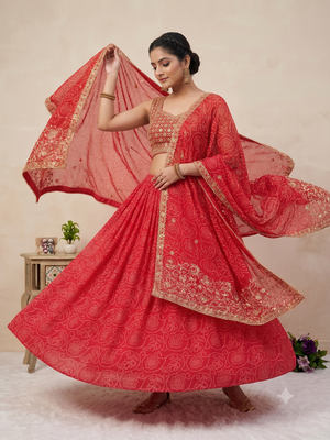 Women's Red Bandhani Print Georgette Chaniya Choli Set for Wedding & Garba 3