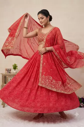 Women's Red Bandhani Print Georgette Chaniya Choli Set for Wedding & Garba