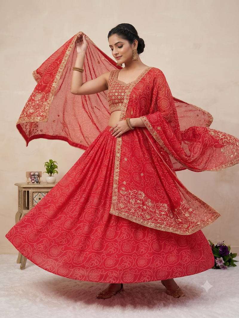 Women's Red Bandhani Print Georgette Chaniya Choli Set for Wedding & Garba