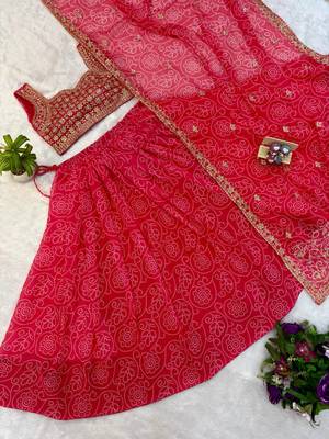 Women's Red Bandhani Print Georgette Chaniya Choli Set for Wedding & Garba 4
