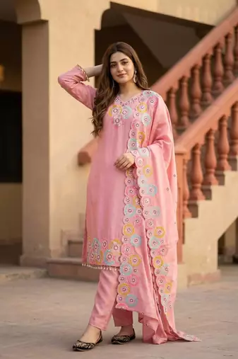 Light Pink Color Embroidery And Sequance Work Silk Blend Salwar Suit