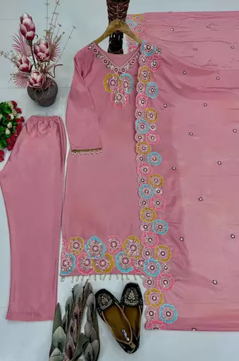 Light Pink Color Embroidery And Sequance Work Silk Blend Salwar Suit