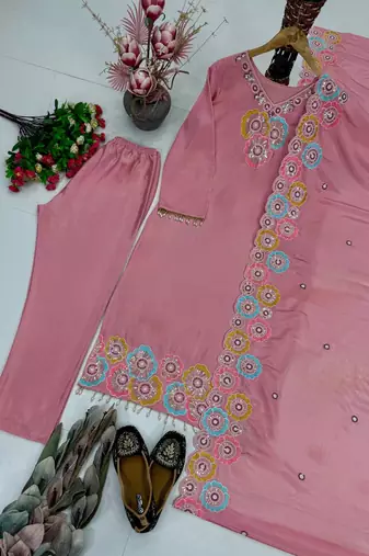 Light Pink Color Embroidery And Sequance Work Silk Blend Salwar Suit