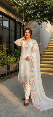 White Color Embroidery And Sequance Work Silk Blend Salwar Suit 1