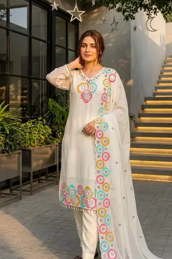 White Color Embroidery And Sequance Work Silk Blend Salwar Suit