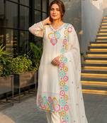 White Color Embroidery And Sequance Work Silk Blend Salwar Suit