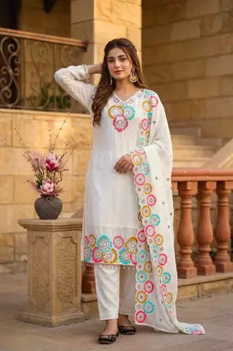 White Color Embroidery And Sequance Work Silk Blend Salwar Suit