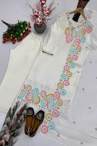 White Color Embroidery And Sequance Work Silk Blend Salwar Suit