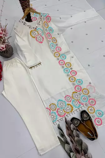 White Color Embroidery And Sequance Work Silk Blend Salwar Suit