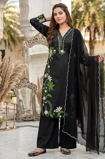 Black Color Embroidery And Thread Work  Silk Blend Salwar Suit