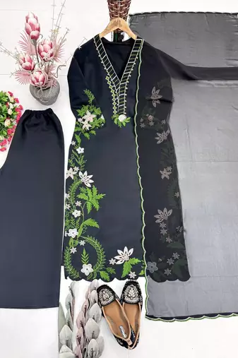 Black Color Embroidery And Thread Work  Silk Blend Salwar Suit