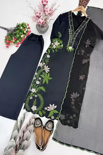 Black Color Embroidery And Thread Work  Silk Blend Salwar Suit