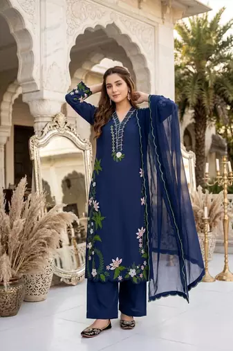 Blue Color Embroidery And Thread Work  Silk Blend Salwar Suit