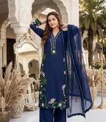 Blue Color Embroidery And Thread Work  Silk Blend Salwar Suit