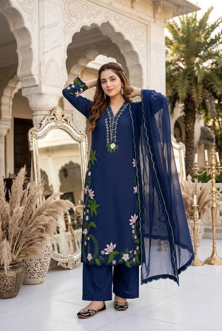 Blue Color Embroidery And Thread Work  Silk Blend Salwar Suit