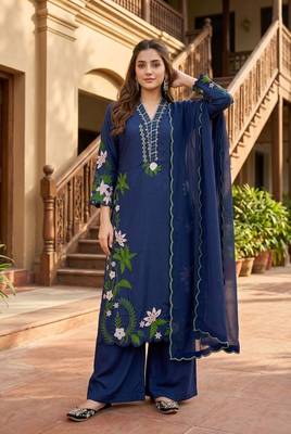 Blue Color Embroidery And Thread Work  Silk Blend Salwar Suit 2