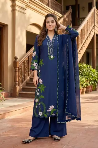 Blue Color Embroidery And Thread Work  Silk Blend Salwar Suit